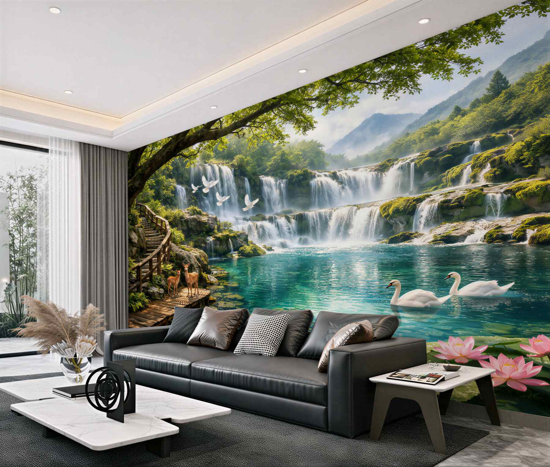 Papier peint cascade paradisiaque avec des cygnes