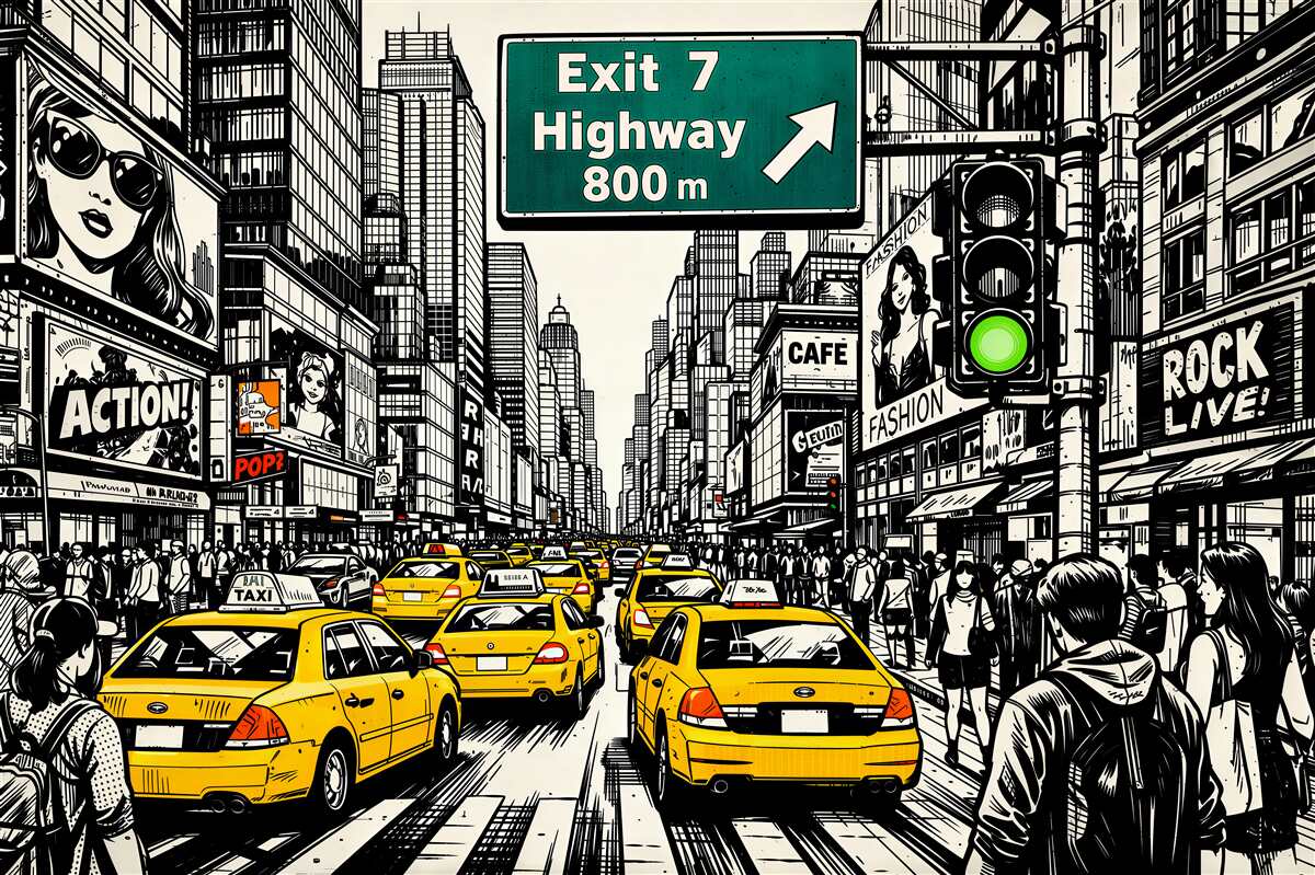Papier peint rue de bande dessinée avec des taxis jaunes