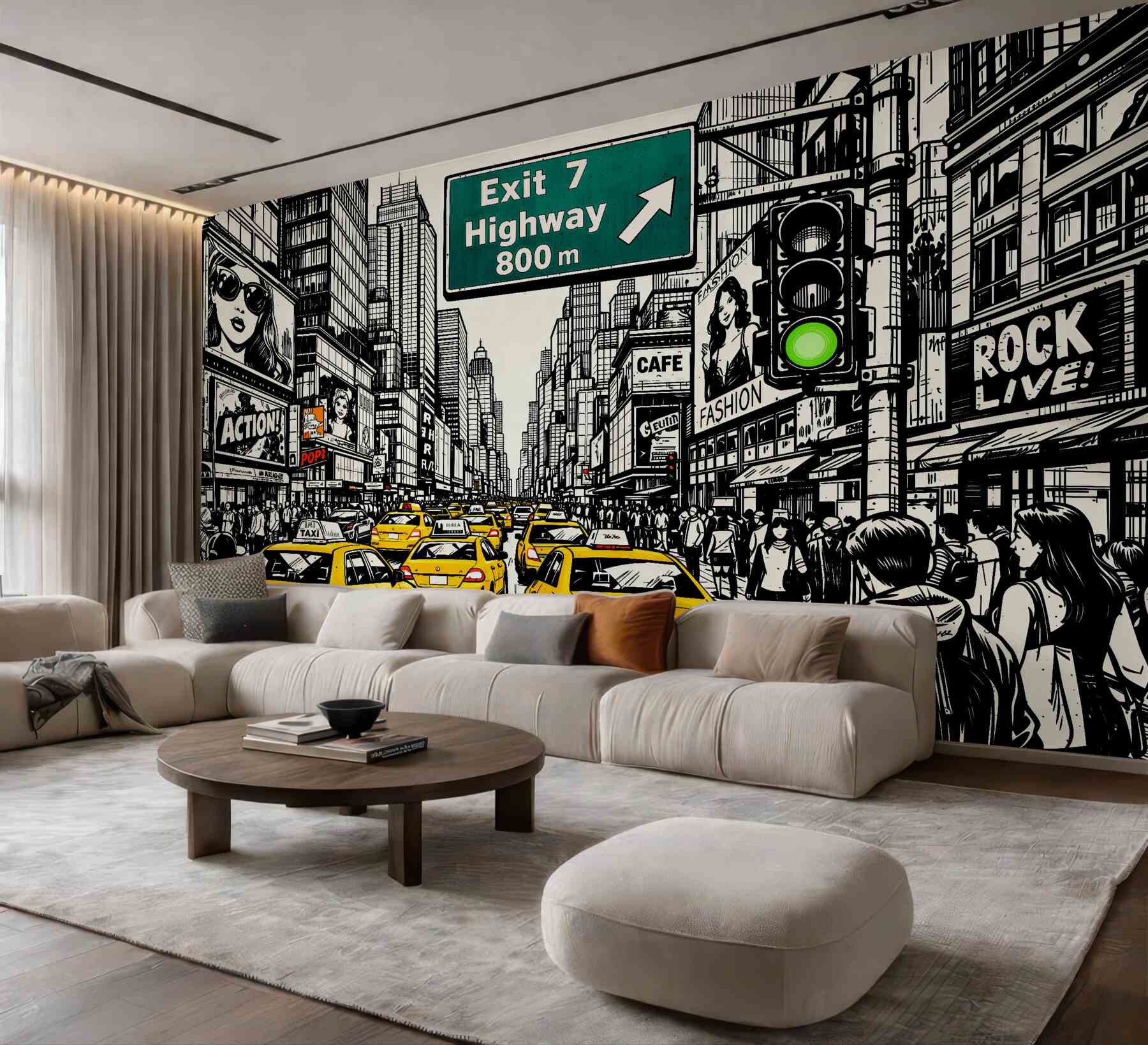 Papier peint rue de bande dessinée avec des taxis jaunes