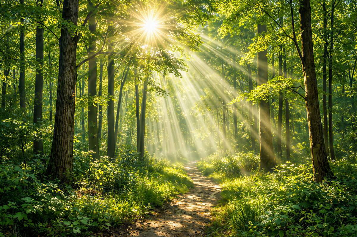 Papier peint forêt ensoleillée avec un chemin forestier
