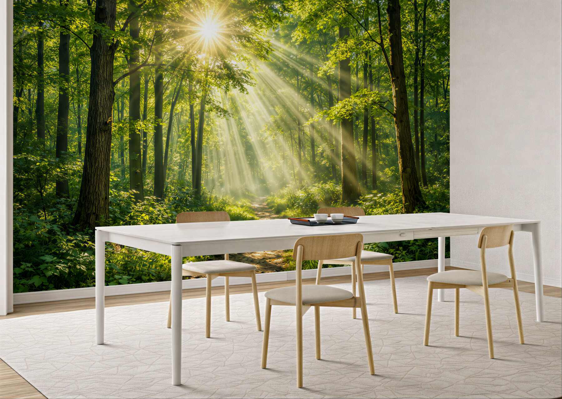 Papier peint forêt ensoleillée avec un chemin forestier