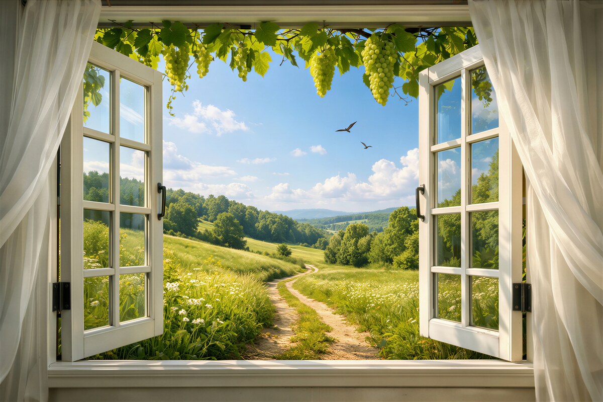Papier peint vue de la fenêtre sur un pré