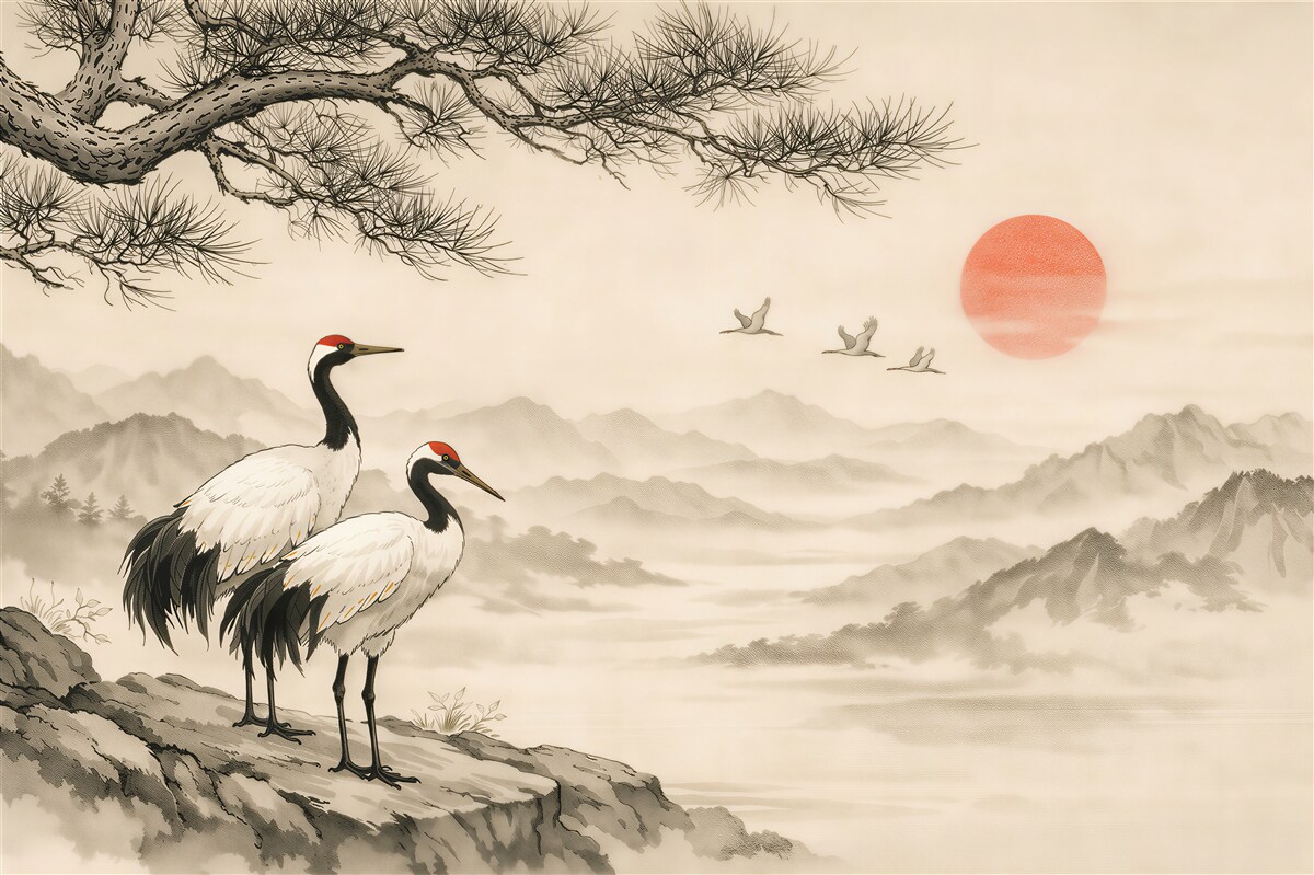 Papier peint grues au lever du soleil