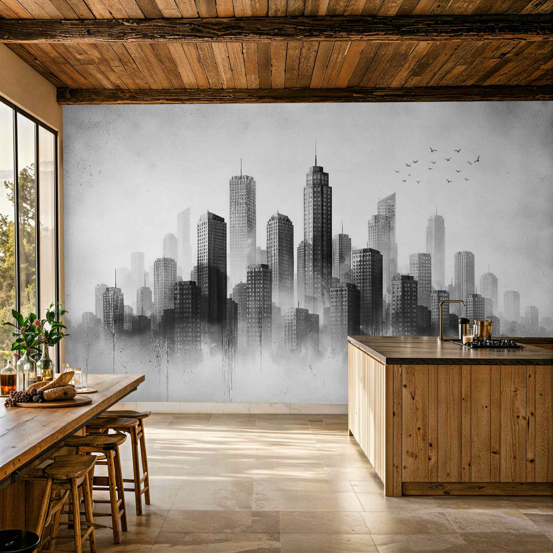 Papier peint ville brumeuse en nuances de gris