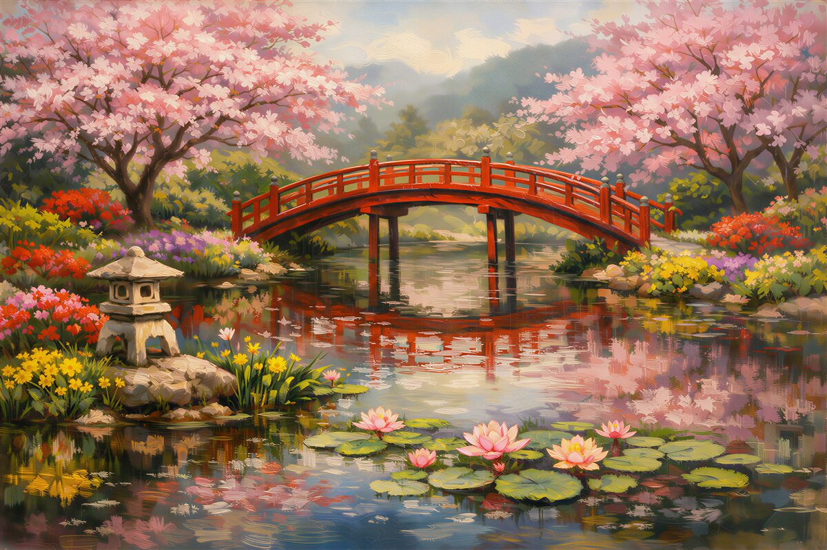 Papier peint jardin japonais avec pont rouge