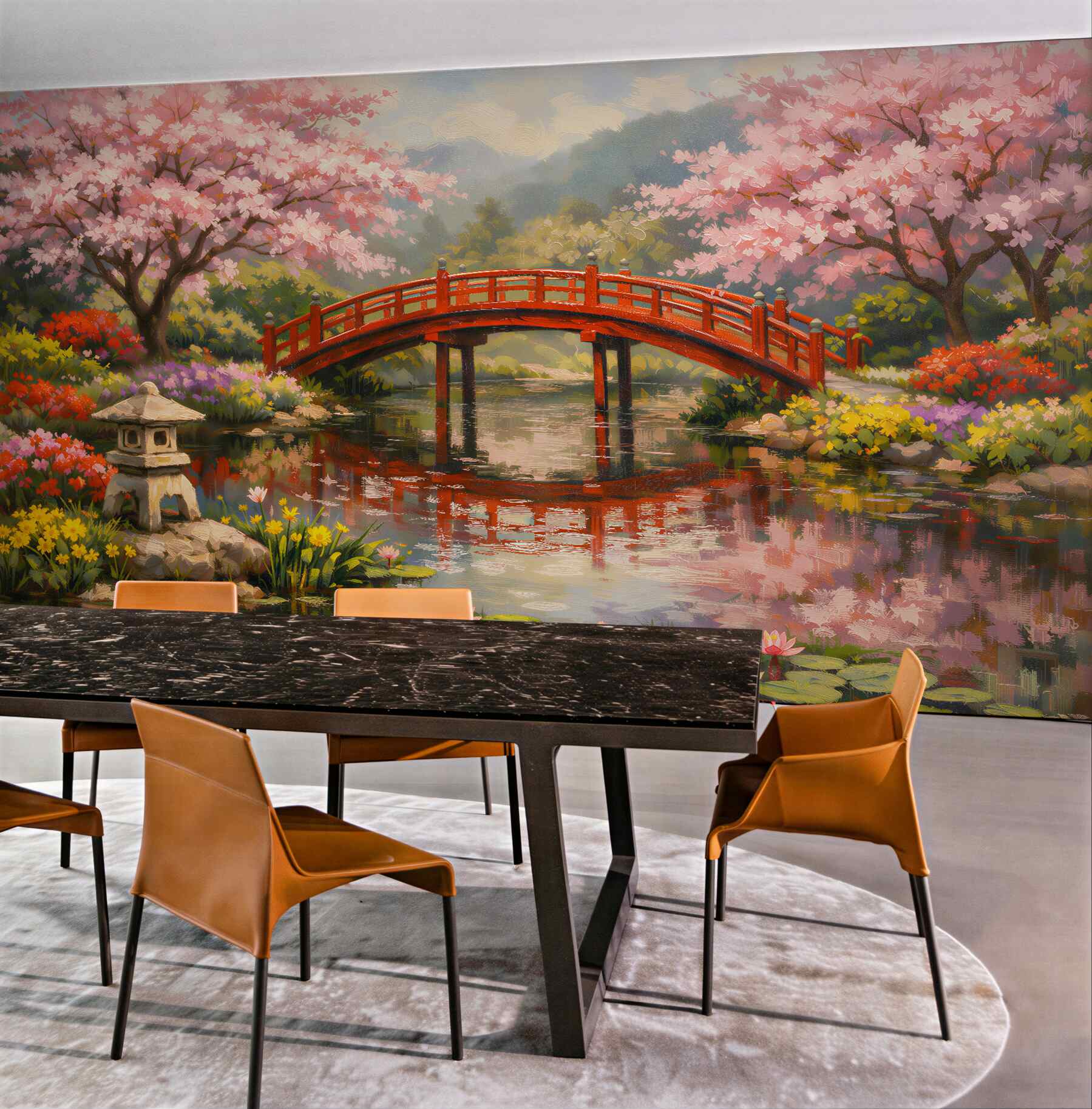 Papier peint jardin japonais avec pont rouge