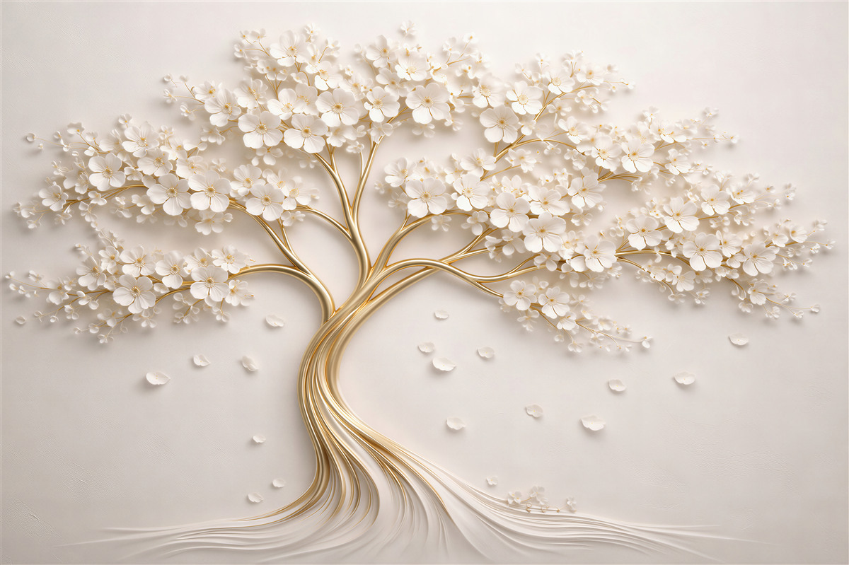 Papier peint arbre doré avec fleurs blanches