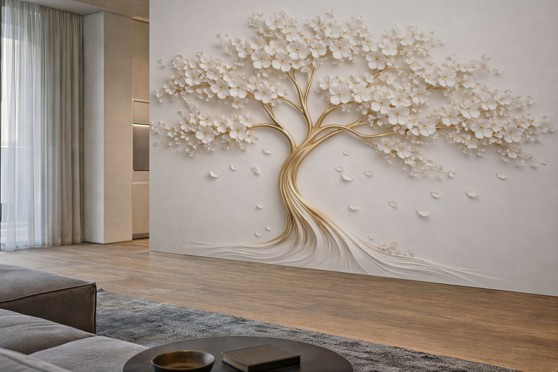 Papier peint arbre doré avec fleurs blanches