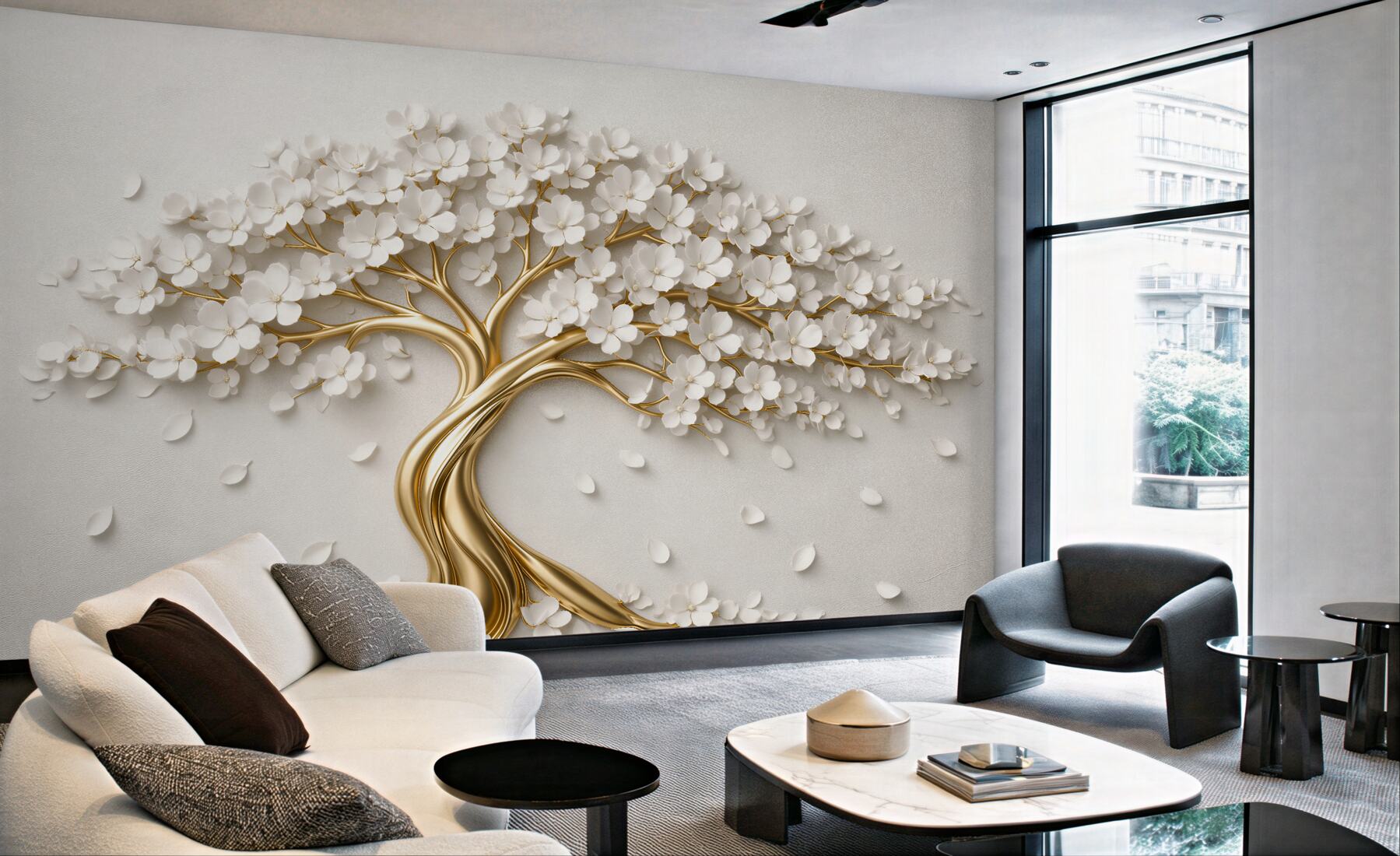 Papier peint arbre doré en fleurs d'harmonie