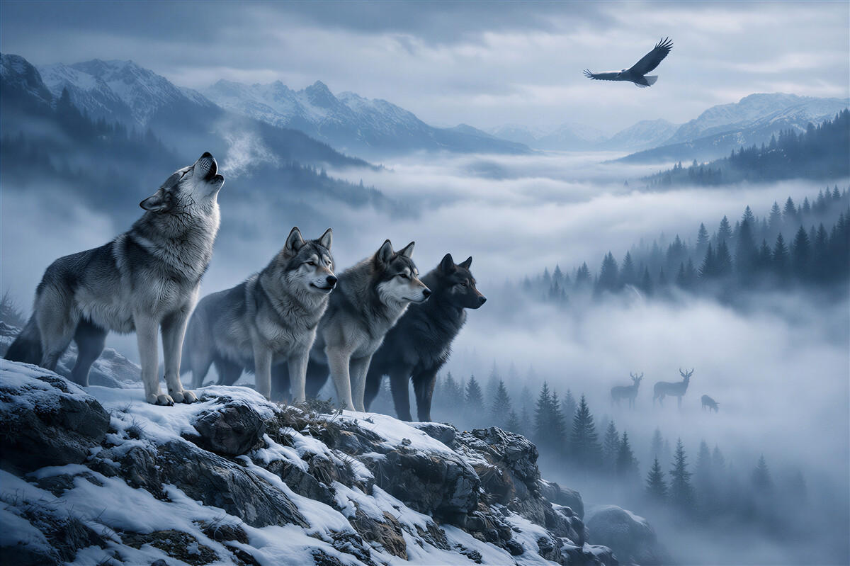 Papier peint loups dans la brume de montagne