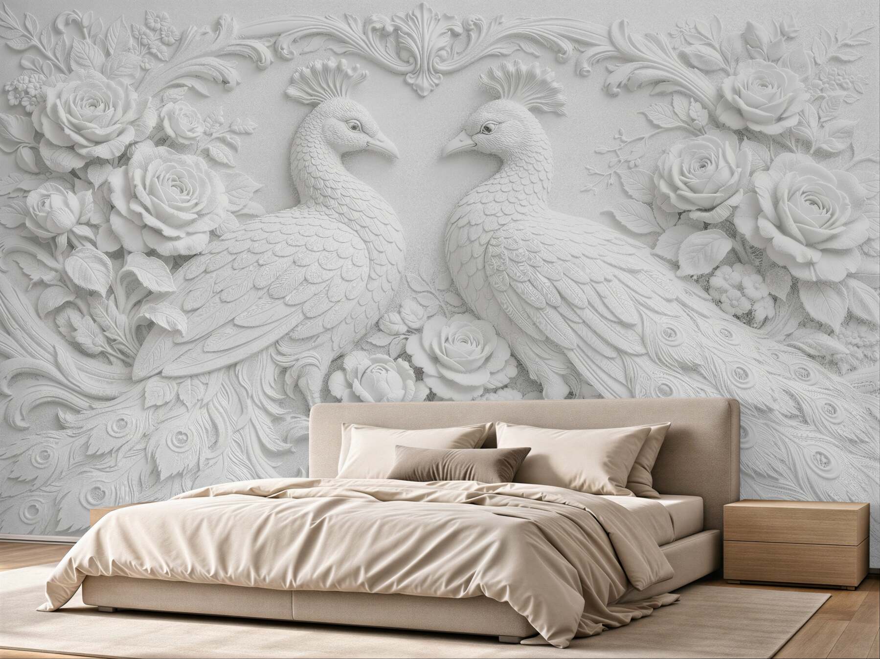 Papier peint paons blancs dans des roses