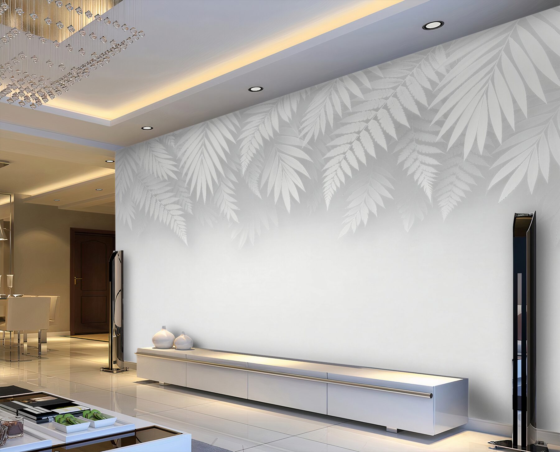 Papier peint feuilles tropicales blanches à l'ombre