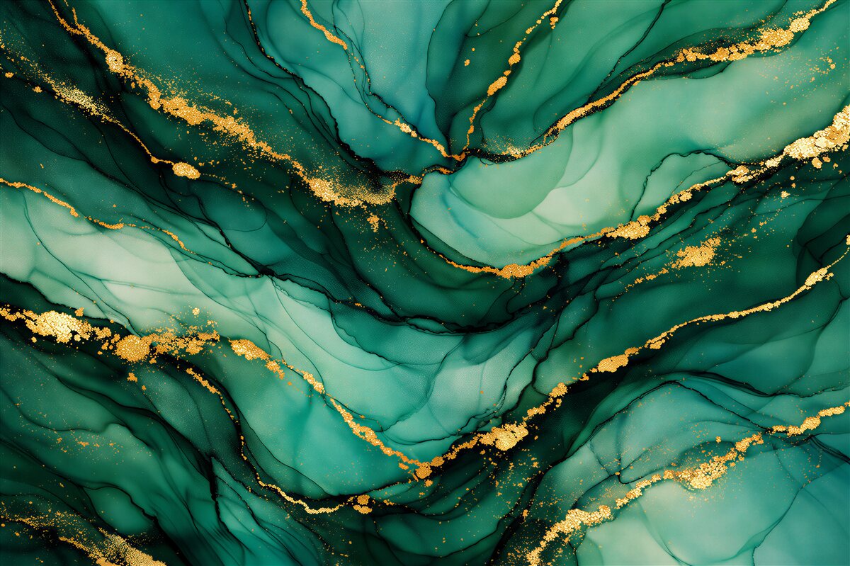 Papier peint marbre turquoise avec des veines dorées