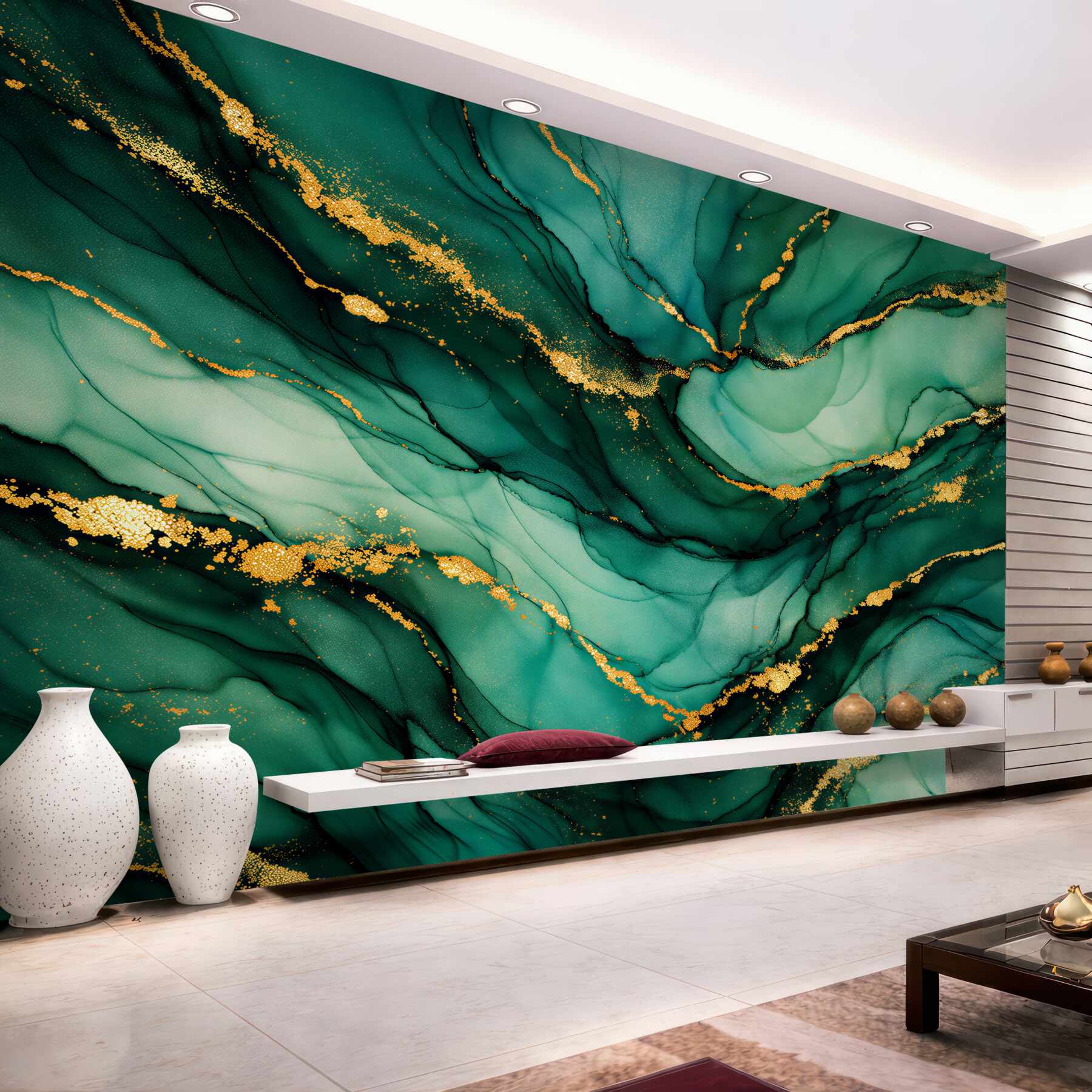 Papier peint marbre turquoise avec des veines dorées