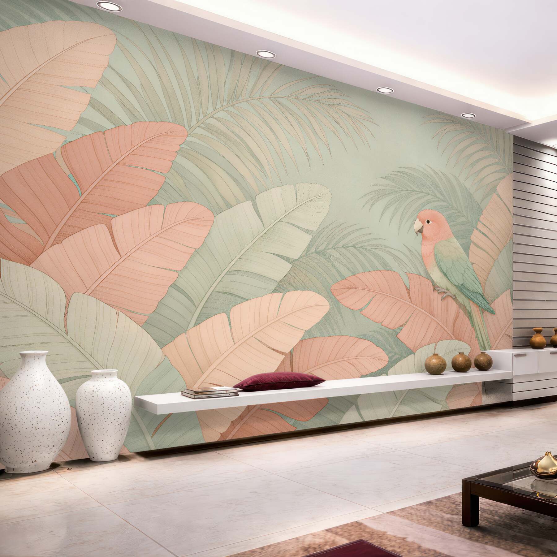 Papier peint perroquet pastel dans des feuilles tropicales