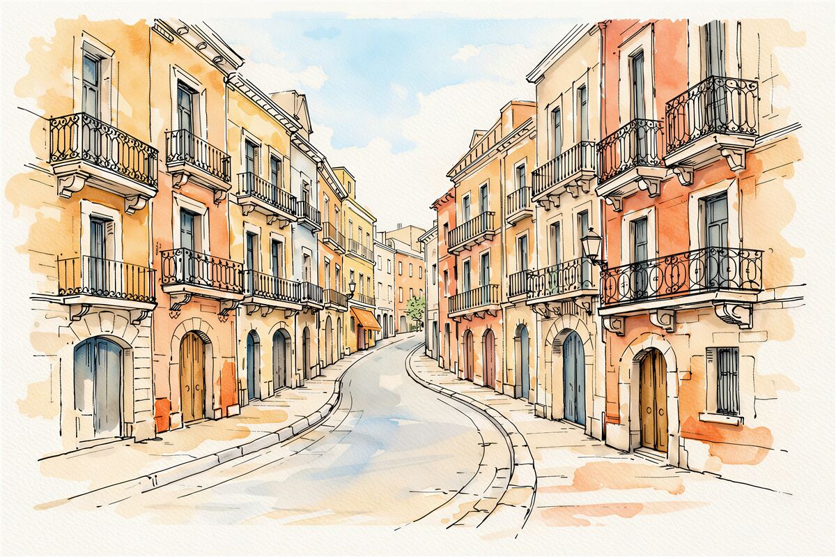 Papier peint aquarelle d'une ruelle ensoleillée avec balcons