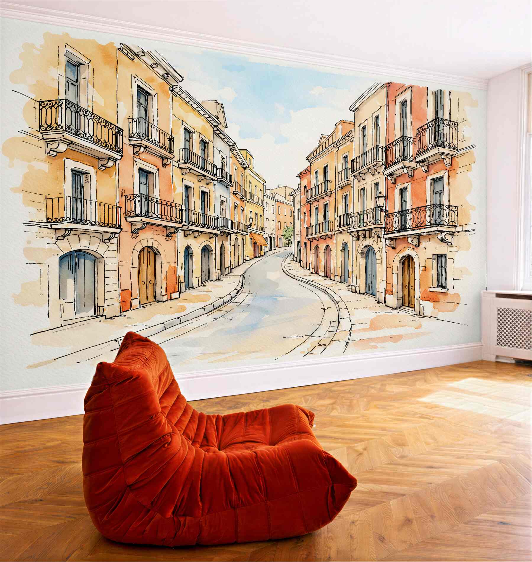 Papier peint aquarelle d'une ruelle ensoleillée avec balcons