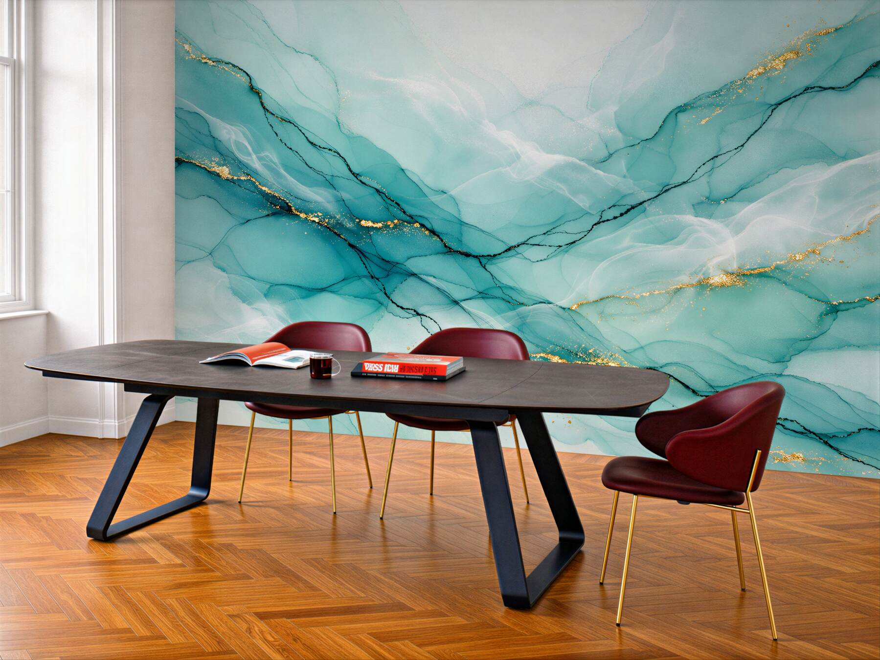 Papier peint abstraction turquoise avec de l'or