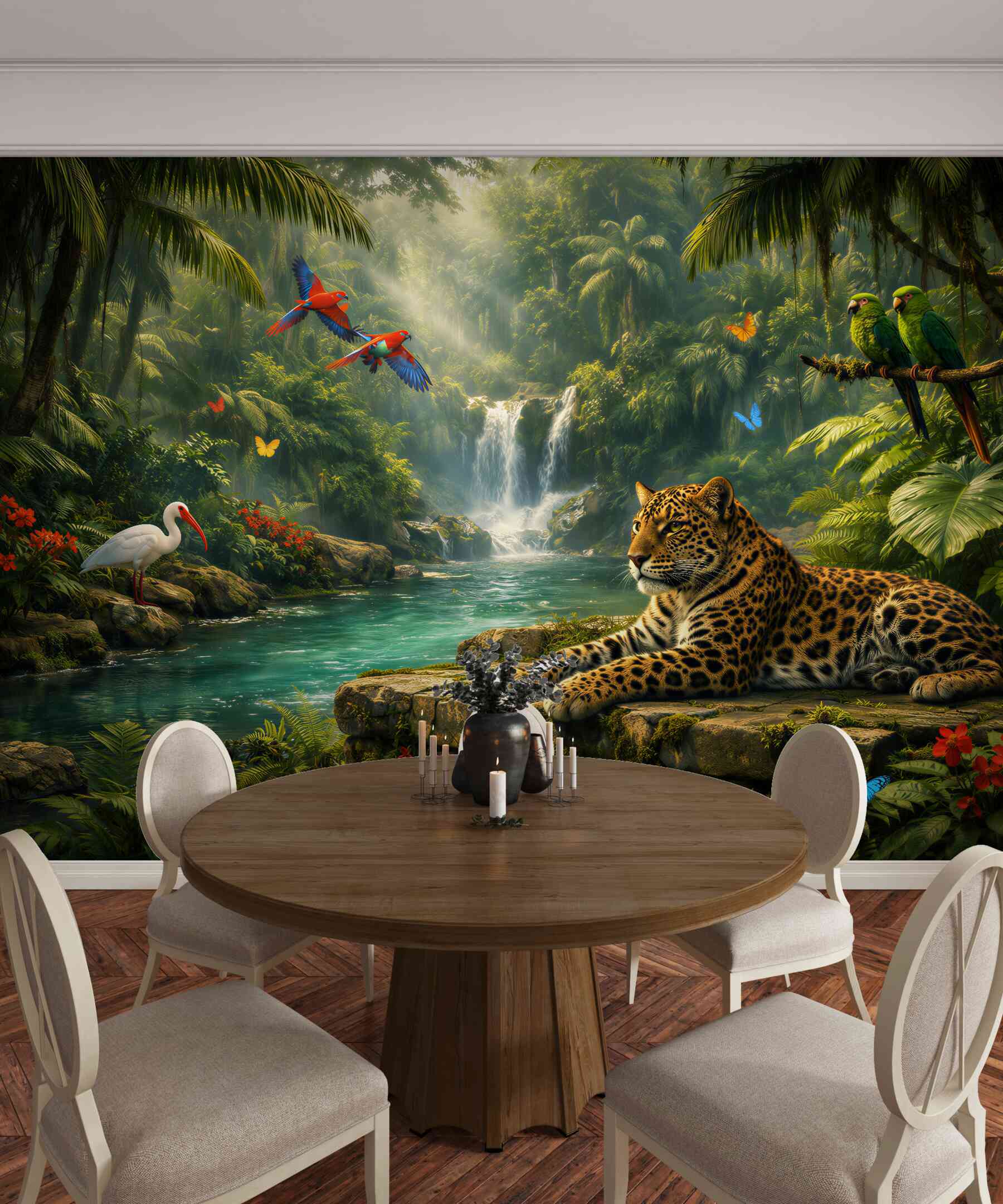 Papier peint jungle avec un jaguar et une cascade