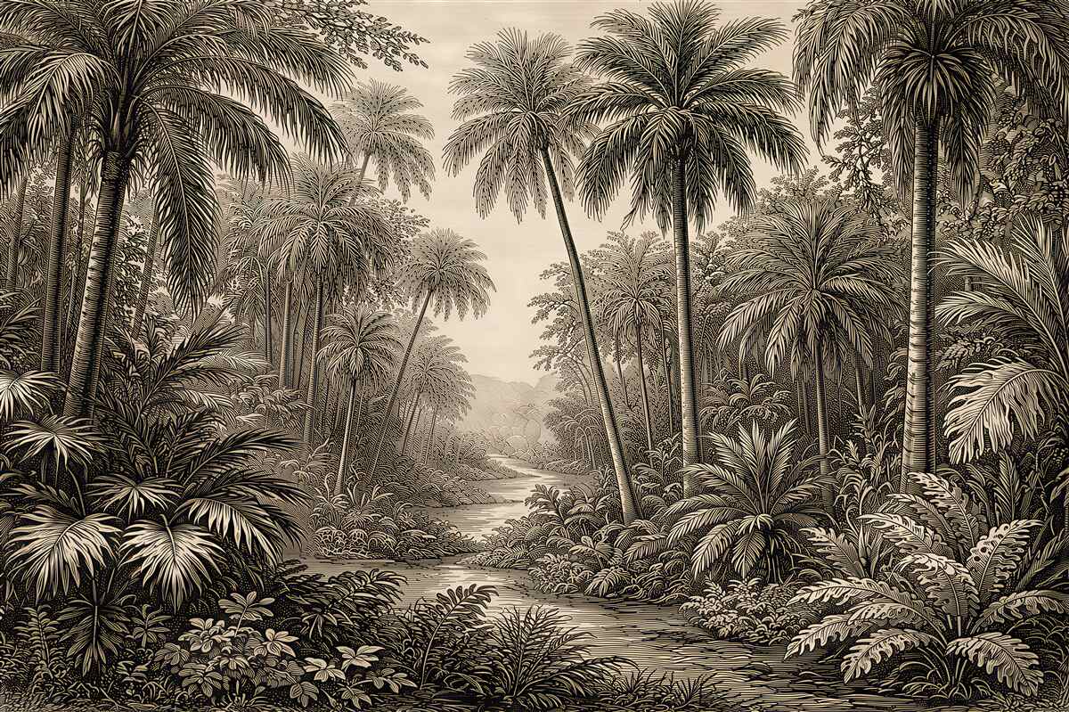 Papier peint jungle tropicale rétro au bord de la rivière