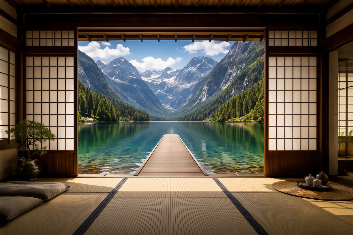 Papier peint lac de montagne derrière une fenêtre japonaise