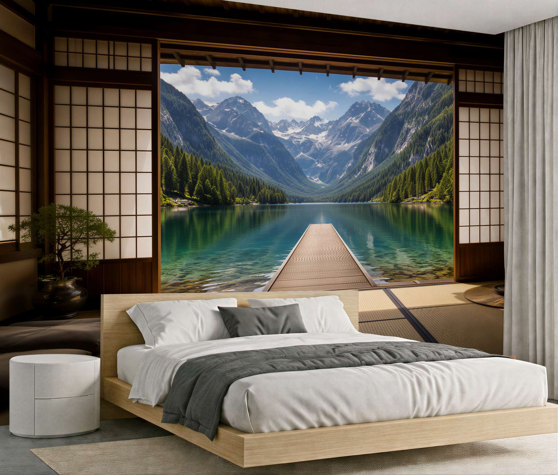 Papier peint lac de montagne derrière une fenêtre japonaise