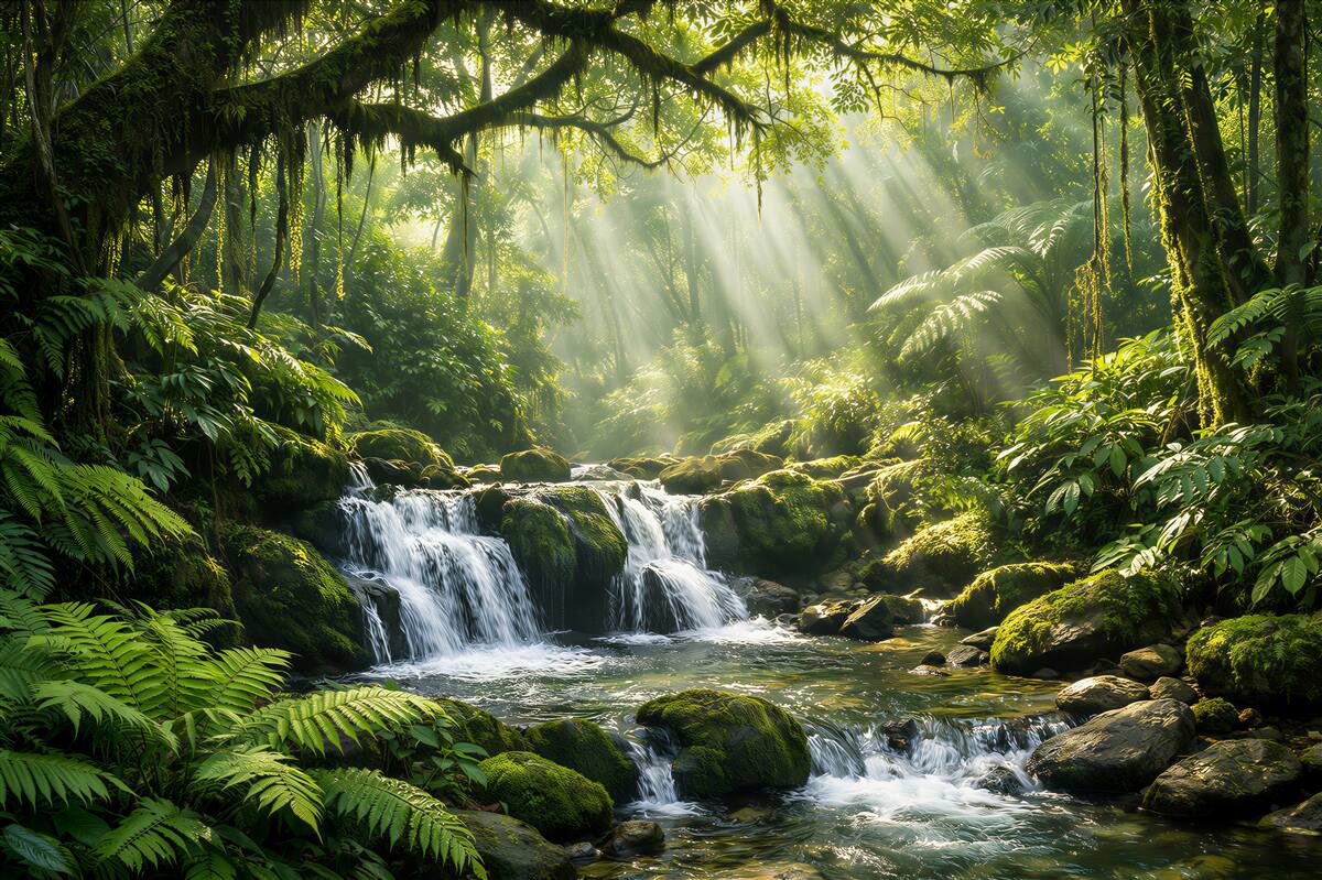 Papier peint cascade forestière dans les rayons du soleil