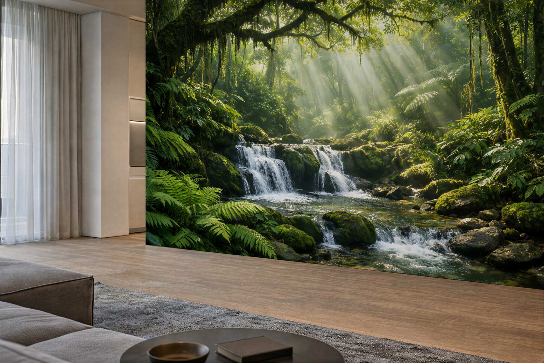Papier peint cascade forestière dans les rayons du soleil