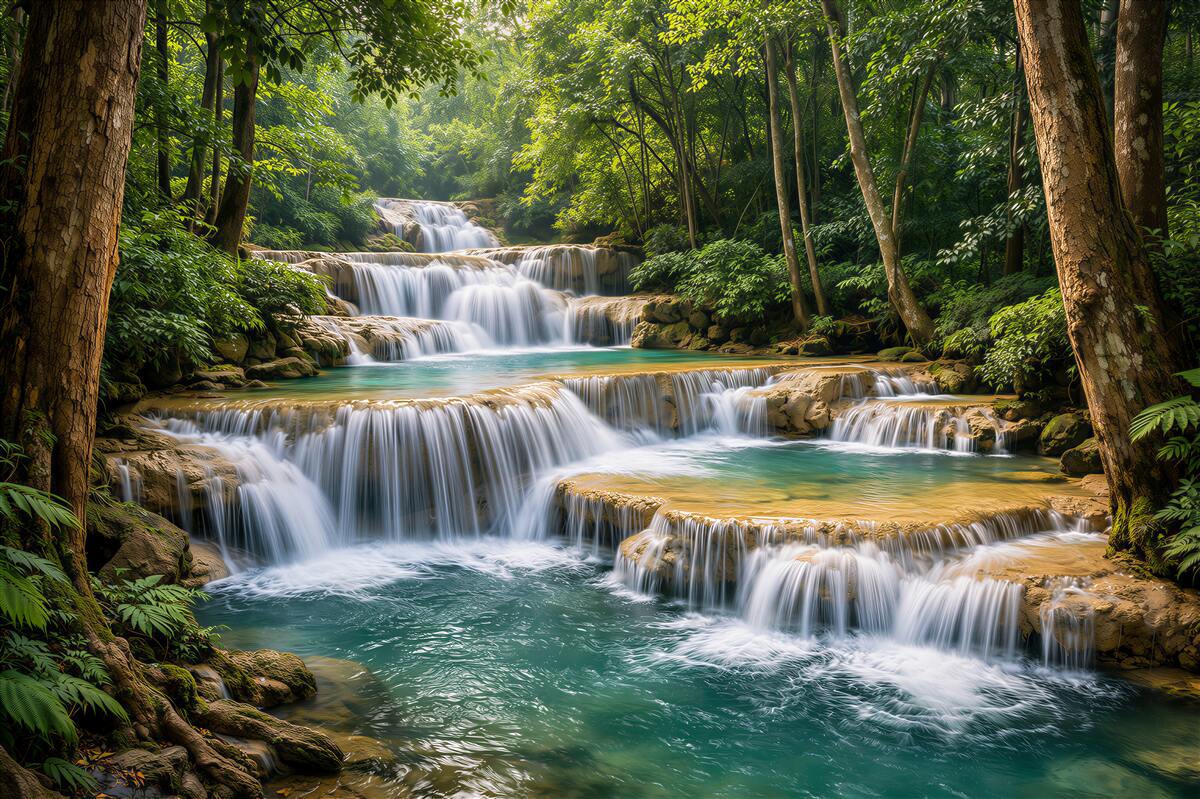 Papier peint chutes d'eau turquoise dans la forêt verte