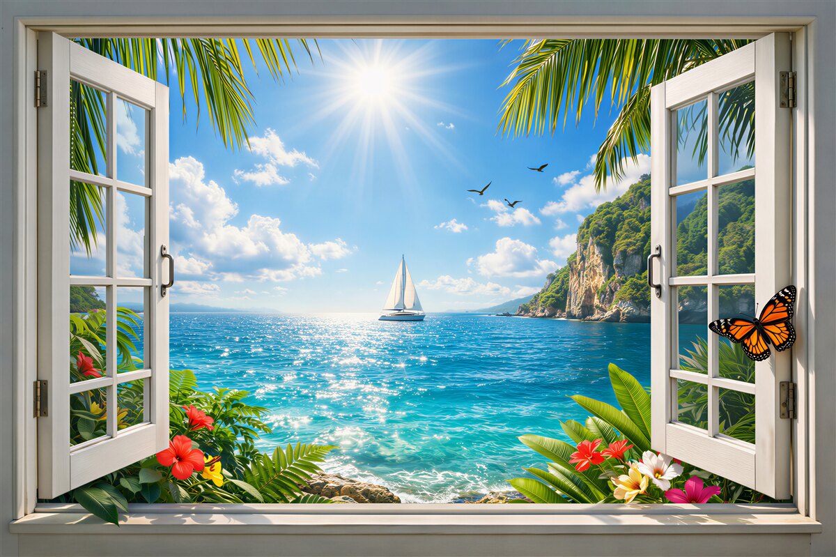 Papier peint vue ensoleillée sur la mer depuis une fenêtre