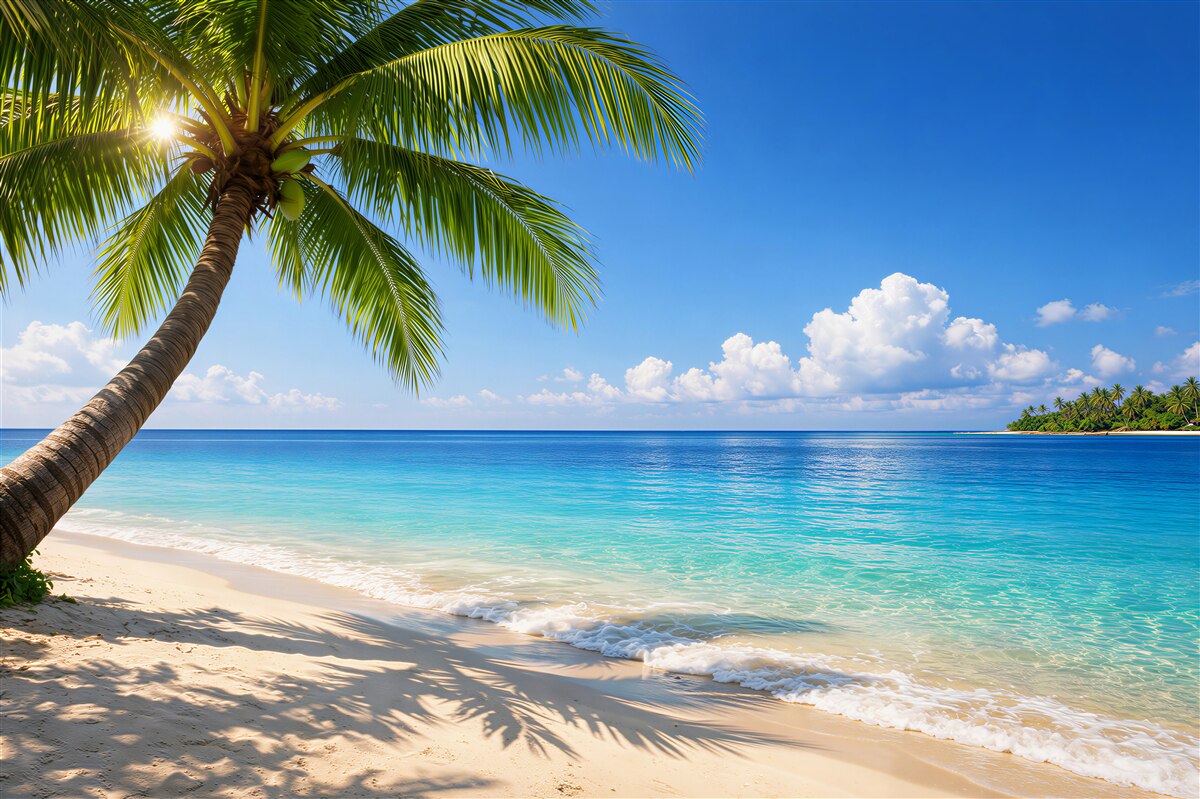 Papier peint plage paradisiaque avec un palmier
