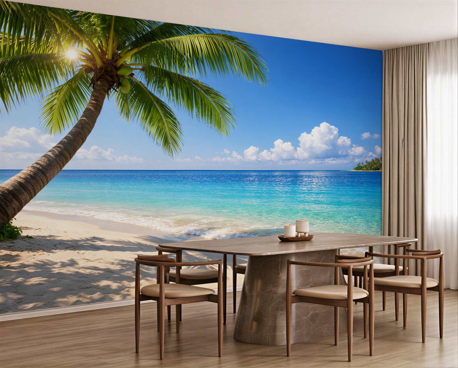 Papier peint plage paradisiaque avec un palmier