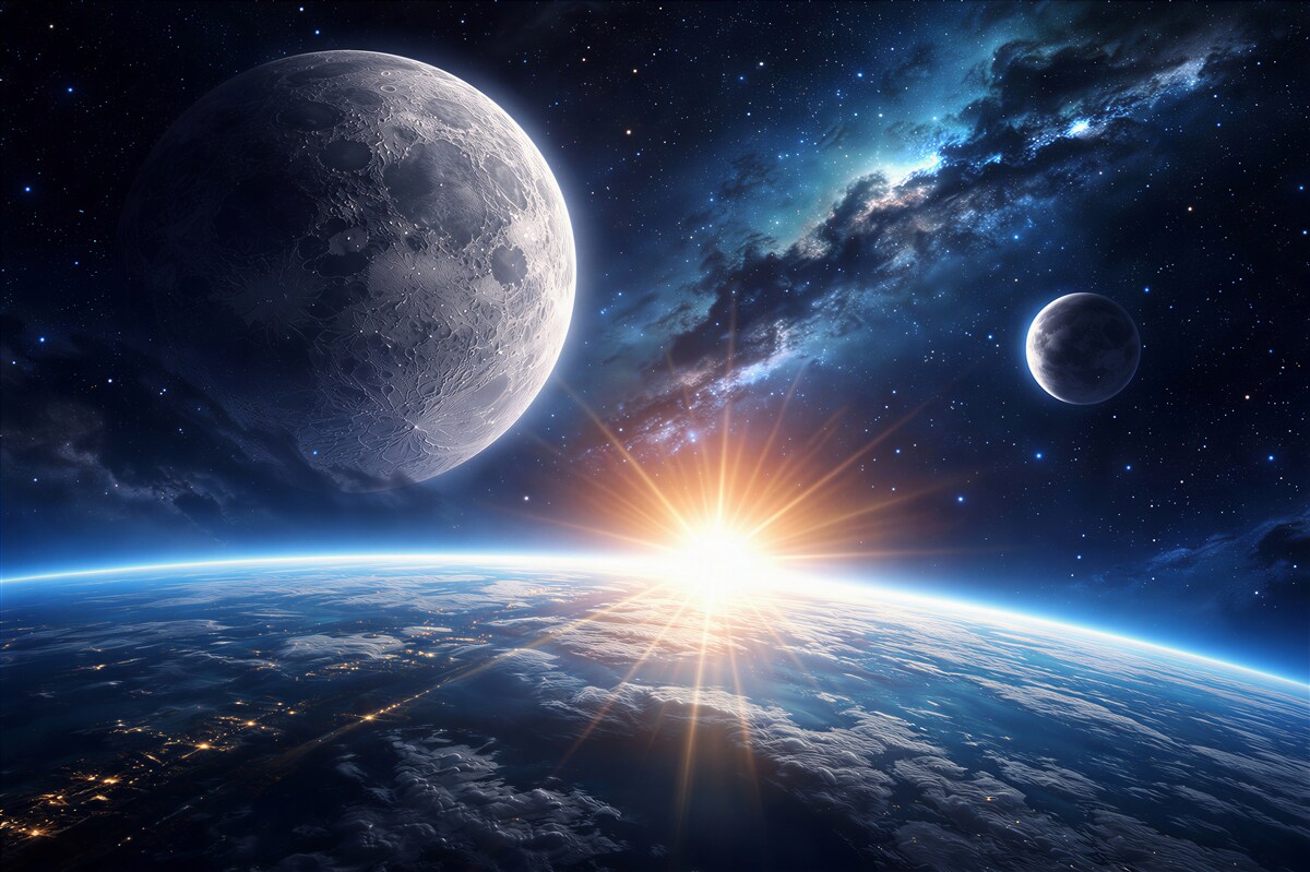 Papier peint lever de soleil cosmique au-dessus d'une planète