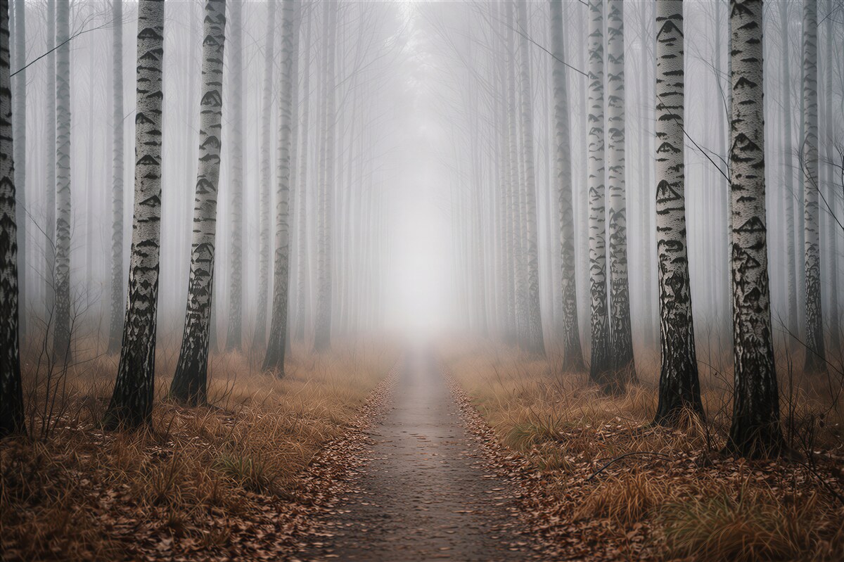 Papier peint allée de bouleaux dans le brouillard