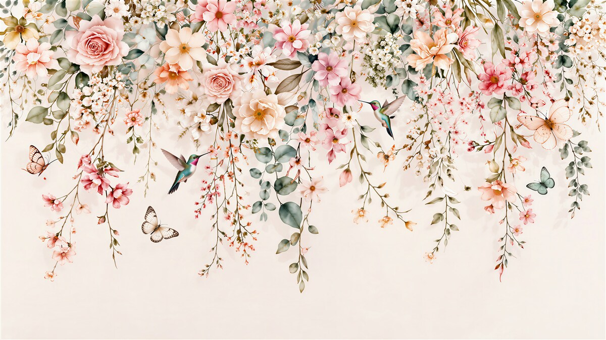 Papier peint guirlande florale avec des colibris