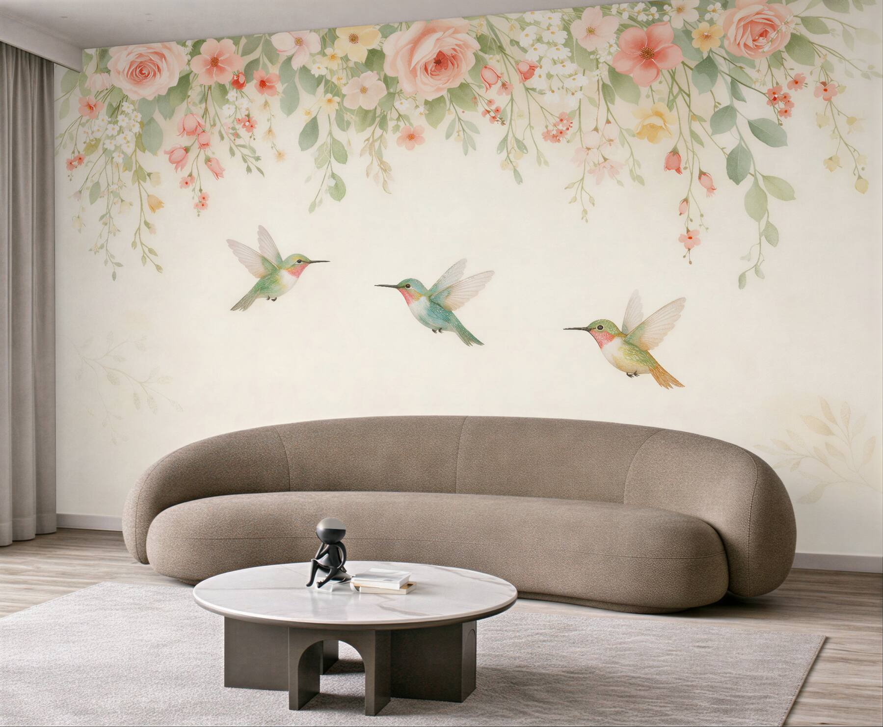 Papier peint colibris pastel dans les fleurs