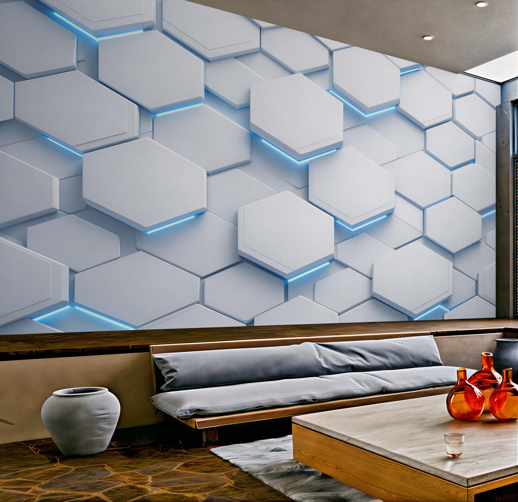 Papier peint hexagones futuristes avec du bleu