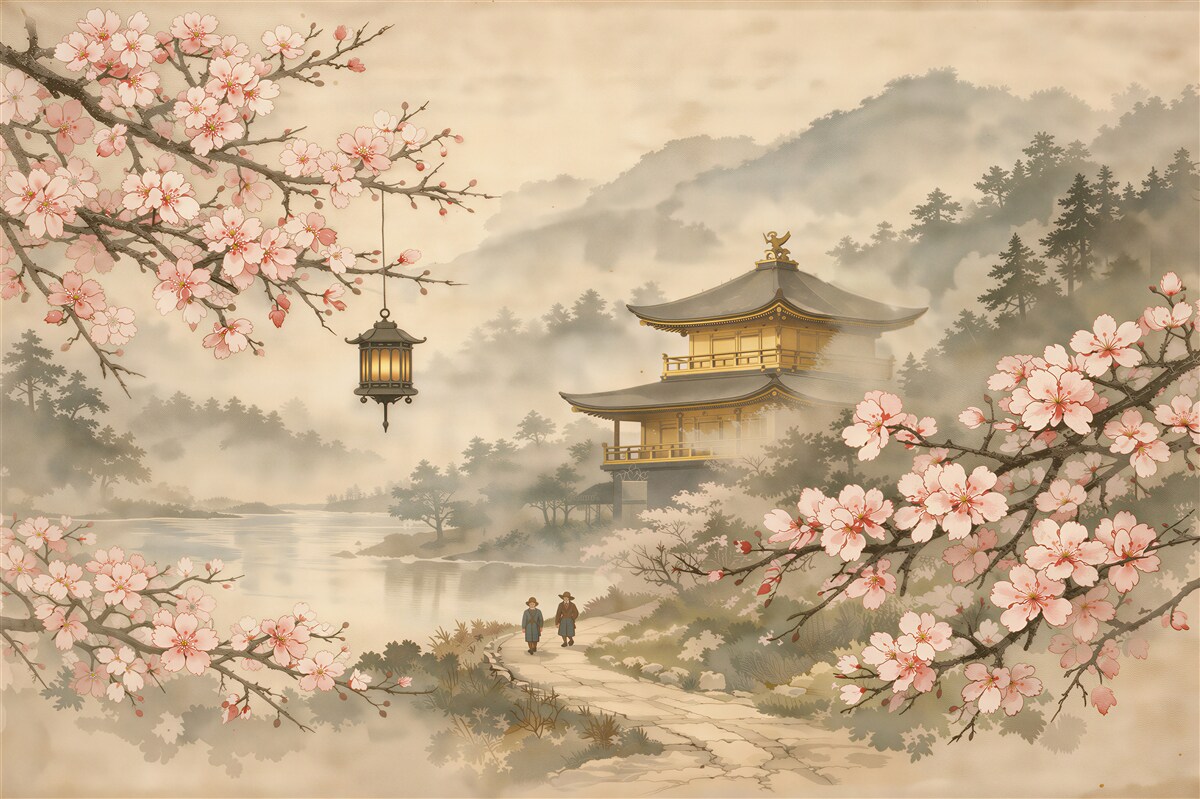 Papier peint pagode brumeuse dans des fleurs de cerisier