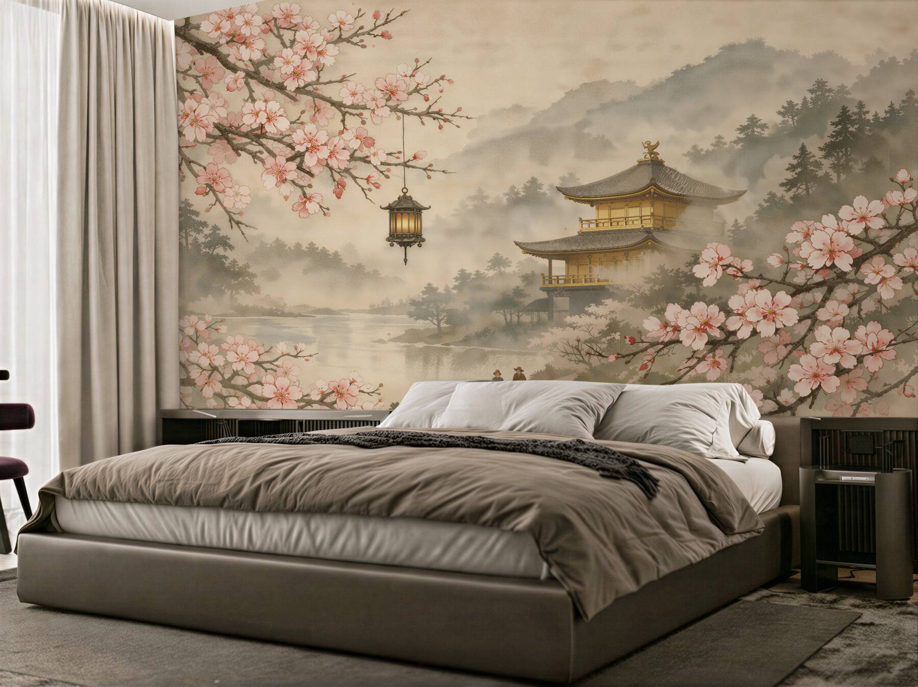 Papier peint pagode brumeuse dans des fleurs de cerisier