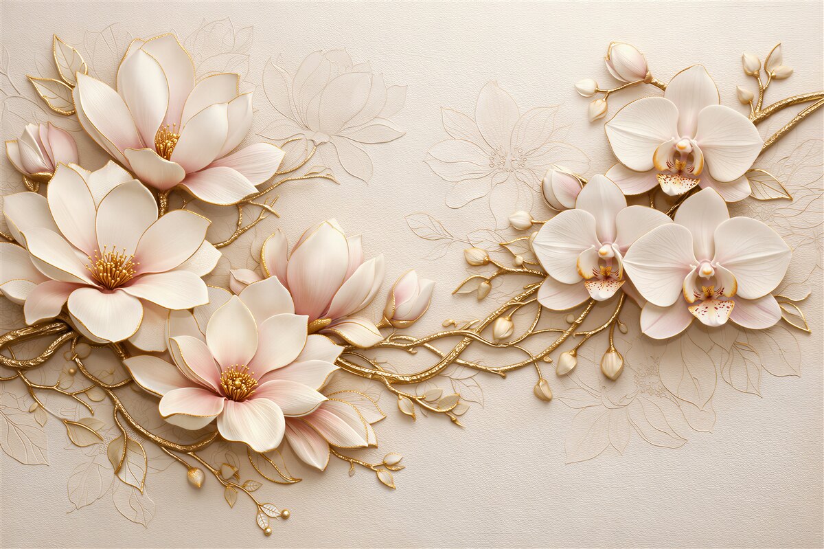 Papier peint magnolias dorés et orchidees glamour