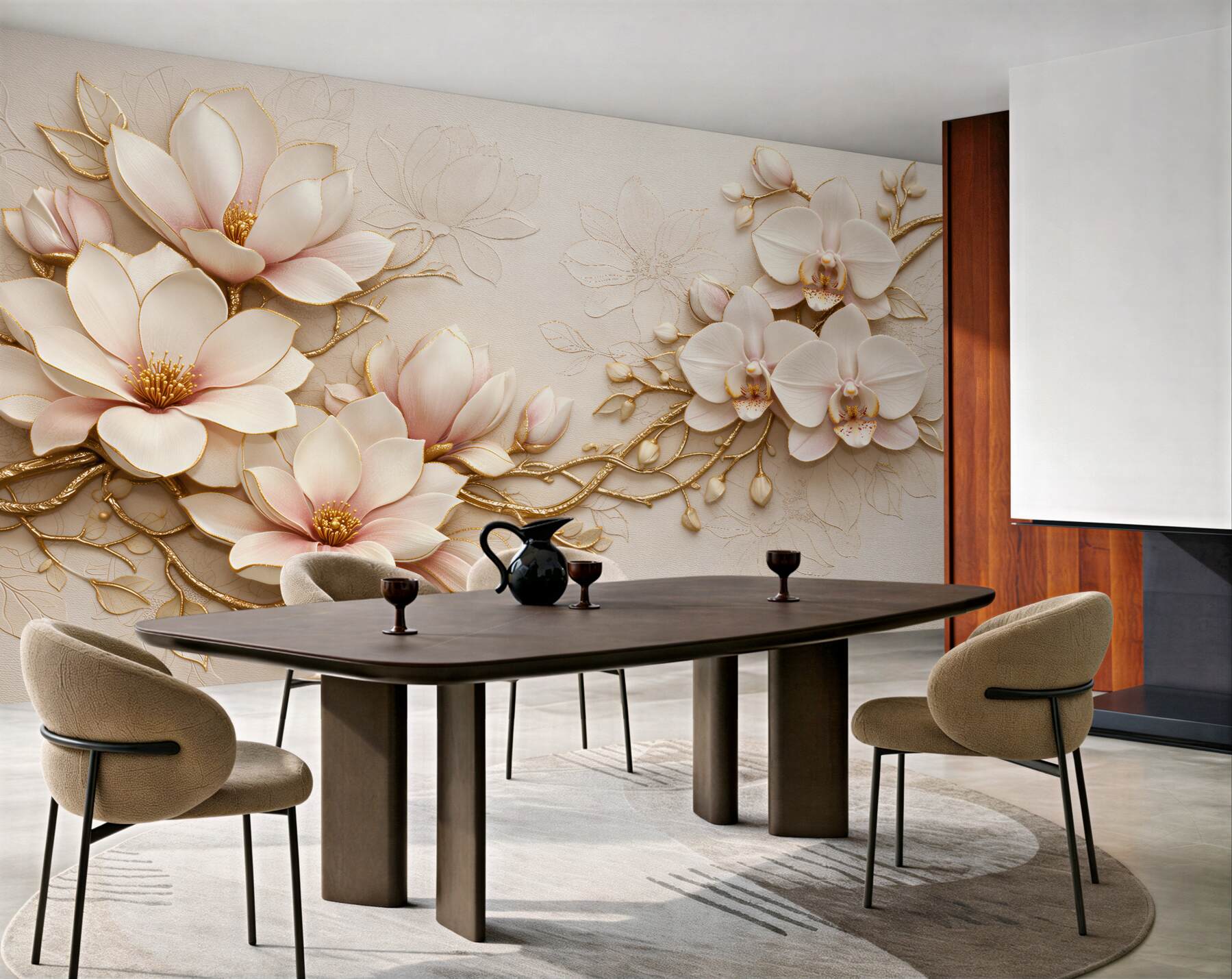 Papier peint magnolias dorés et orchidees glamour