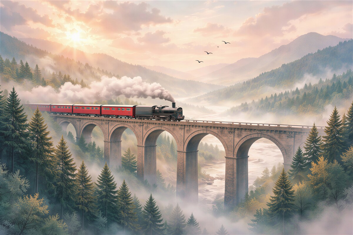Papier peint train rouge dans des montagnes brumeuses