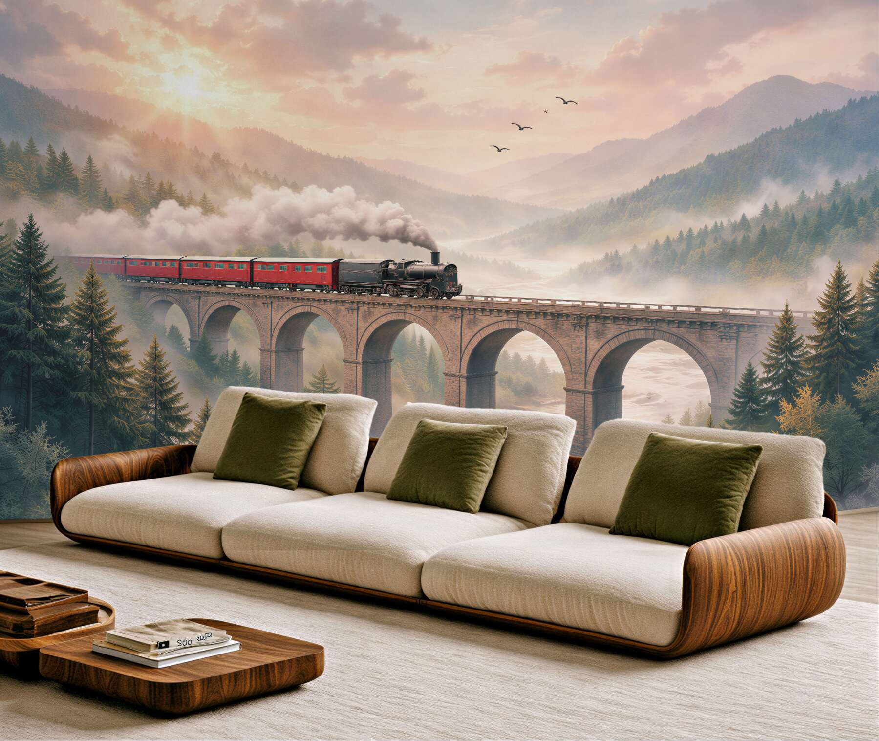 Papier peint train rouge dans des montagnes brumeuses
