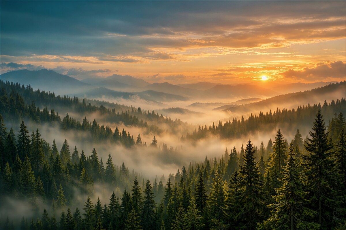 Papier peint lever de brume au-dessus de la forêt de montagne