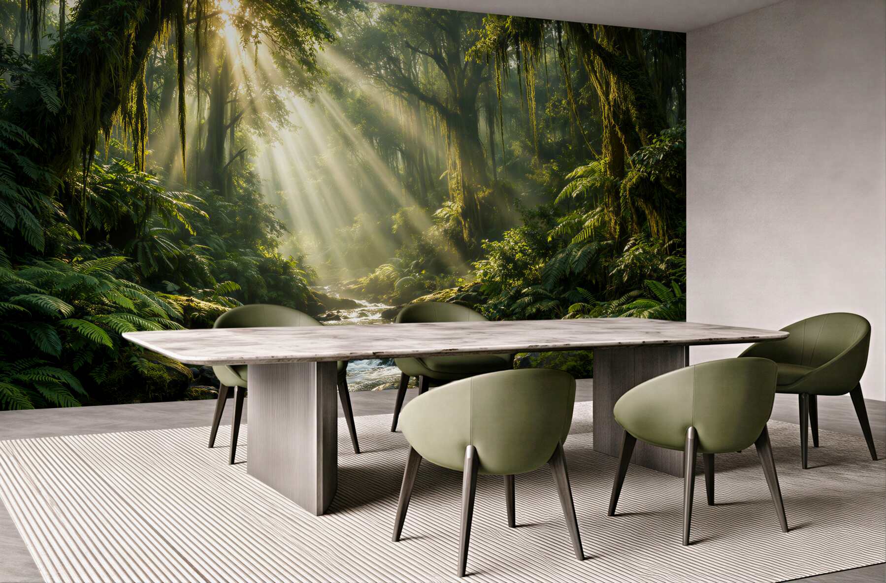 Papier peint jungle ensoleillée avec ruisseau forestier
