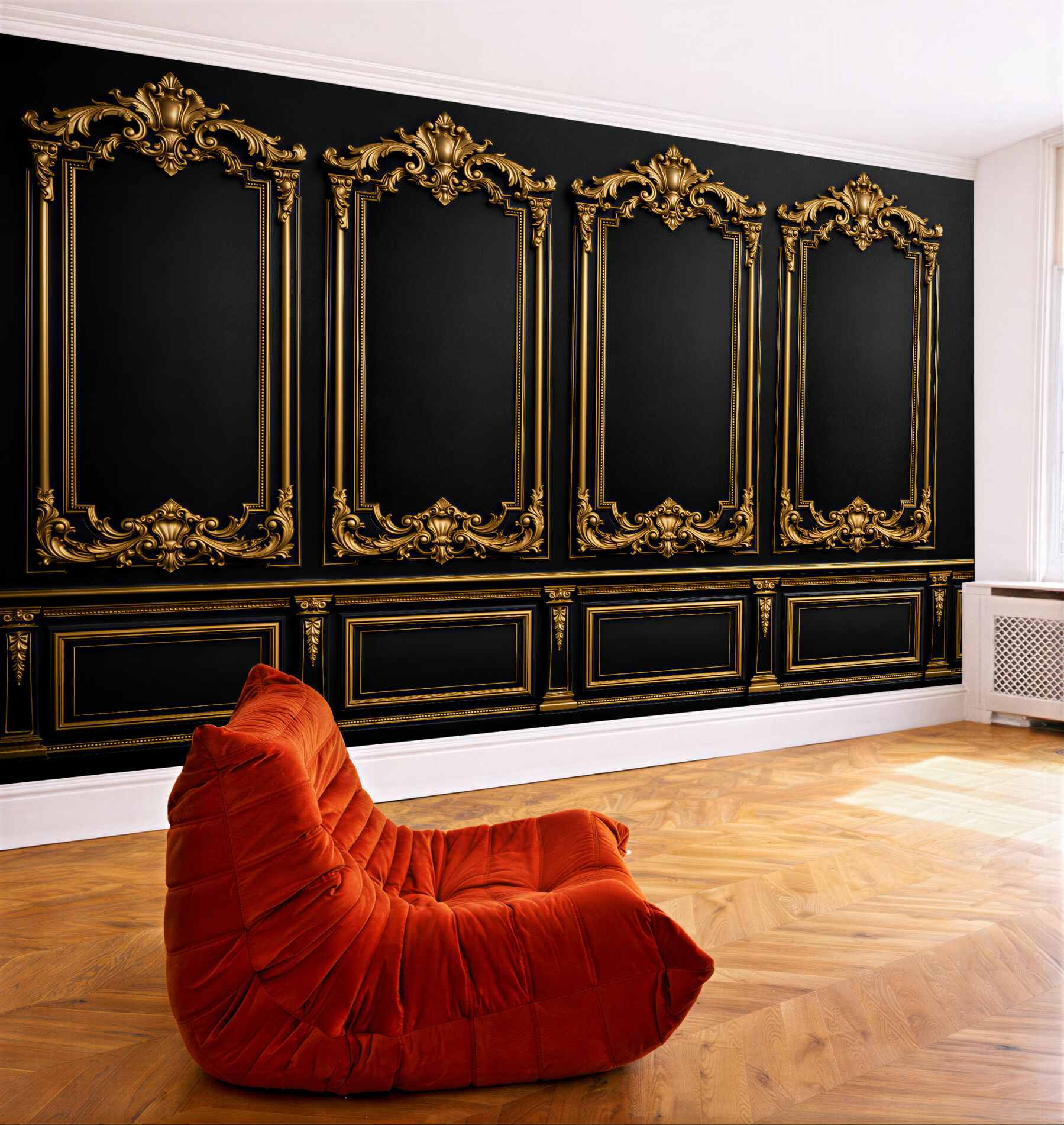 Papier peint mur palatial noir et or