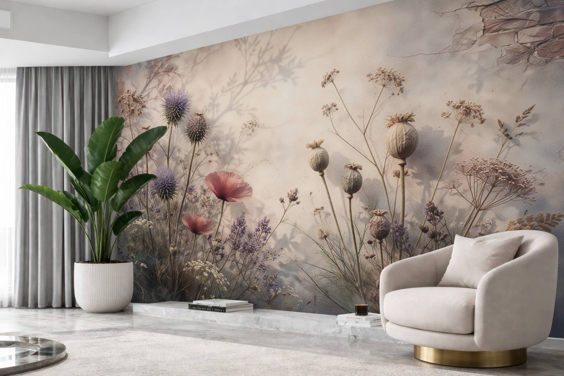Papier peint prairie nostalgique avec des coquelicots