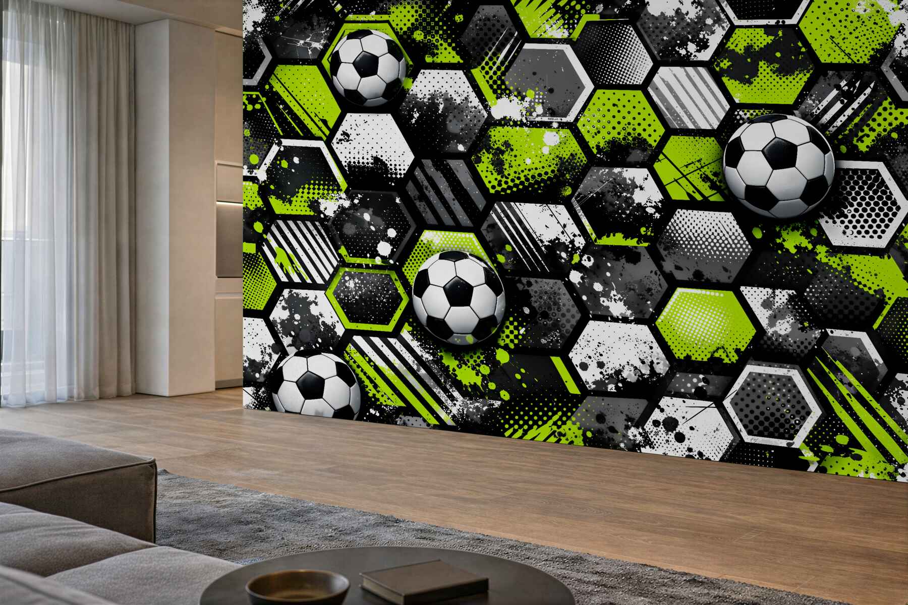 Papier peint énergie footballistique des hexagones néon
