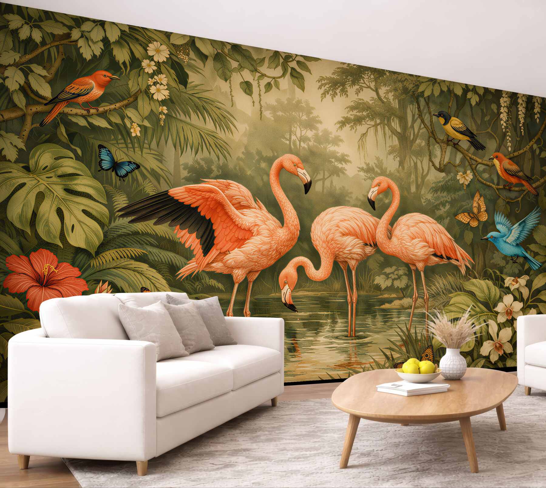 Papier peint flamants dans la jungle exotique