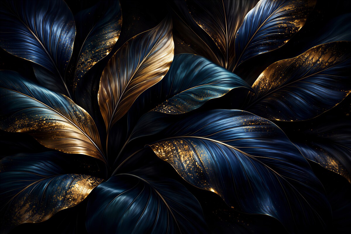 Papier peint feuilles bleu marine dans un éclat doré